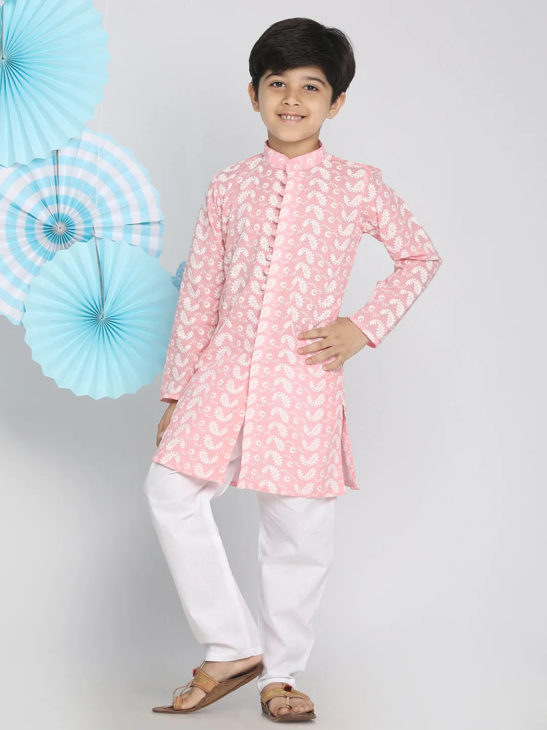 Jashvi Boys Pink And White Kurta Pyjama Set