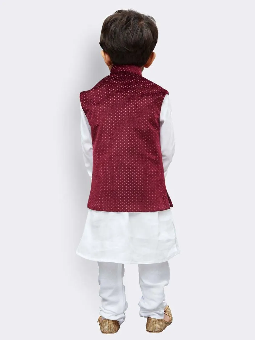 Jashvi Boys' White Cotton Kurta, Waistcoat and Pyjama Set