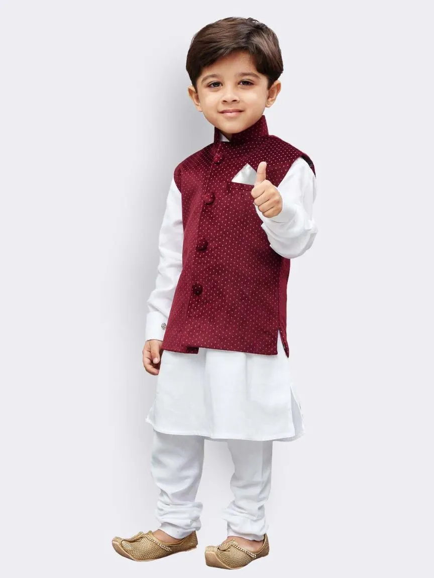 Jashvi Boys' White Cotton Kurta, Waistcoat and Pyjama Set