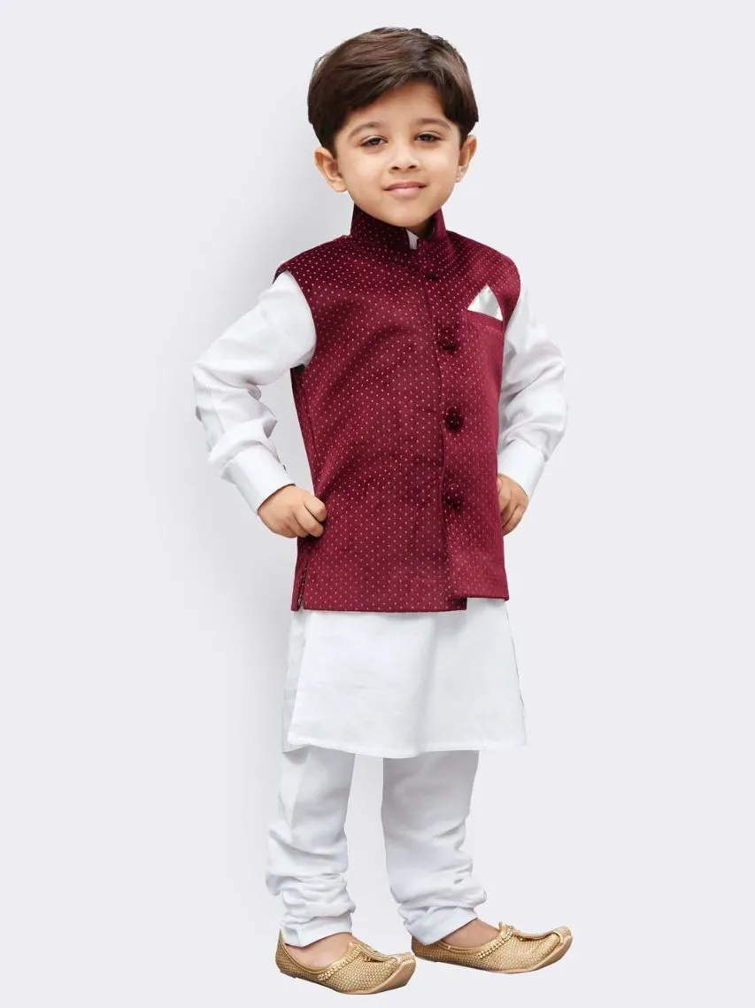 Jashvi Boys' White Cotton Kurta, Waistcoat and Pyjama Set
