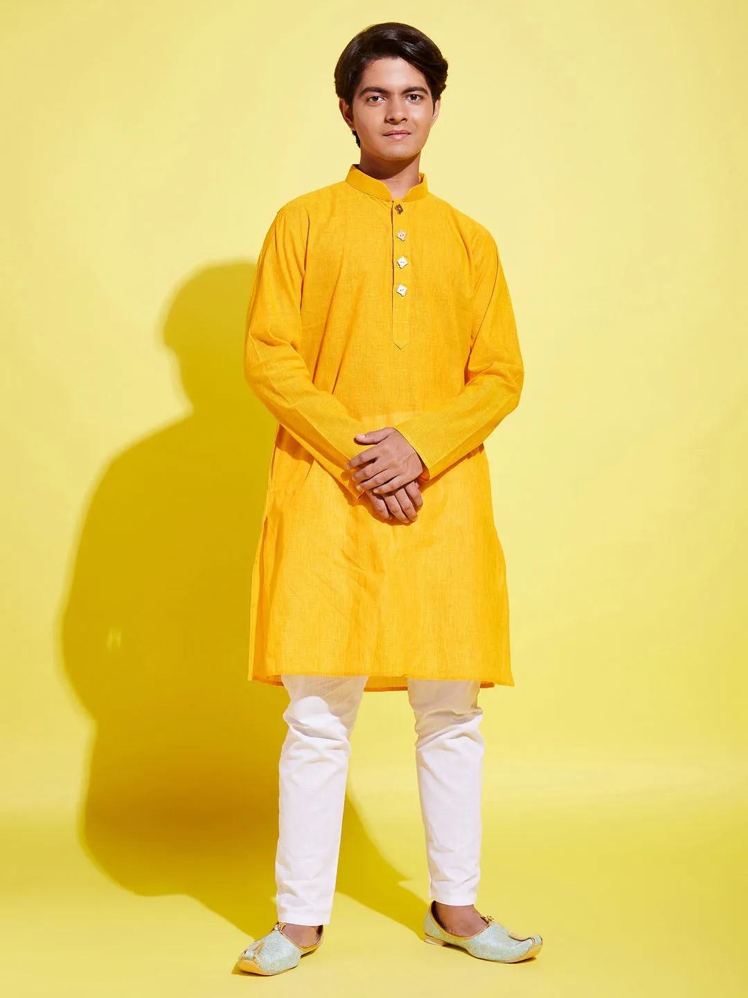 Jashvi Boy's Yellow Cotton Kurta and Pyjama Set