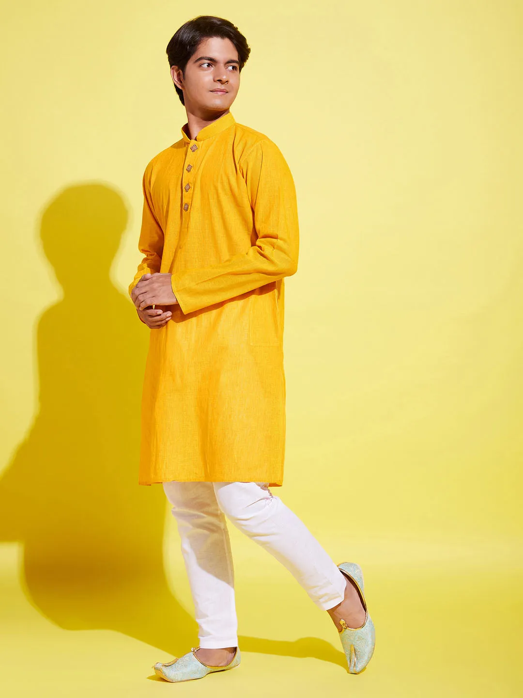 Jashvi Boy's Yellow Cotton Kurta and Pyjama Set