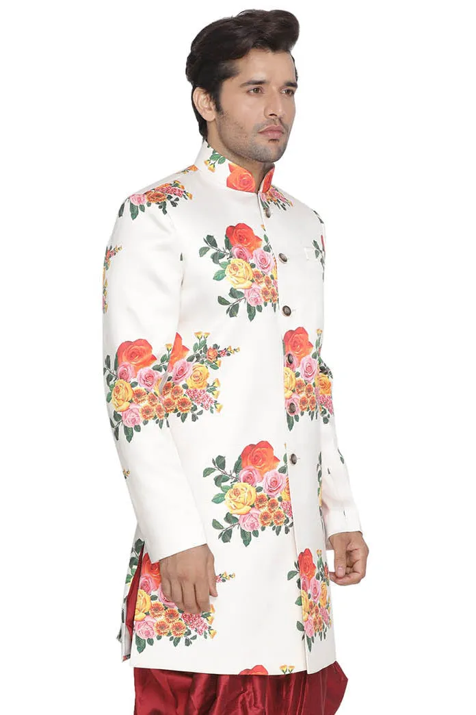 Jashvi Men' Off White Floral Print Sherwani Top