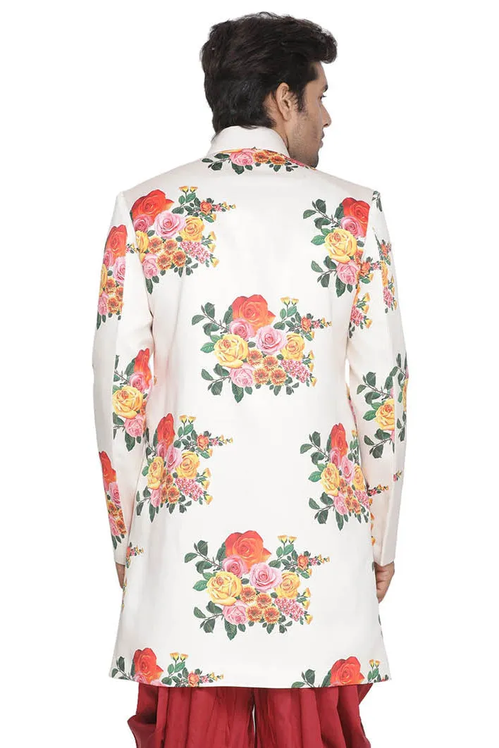 Jashvi Men' Off White Floral Print Sherwani Top