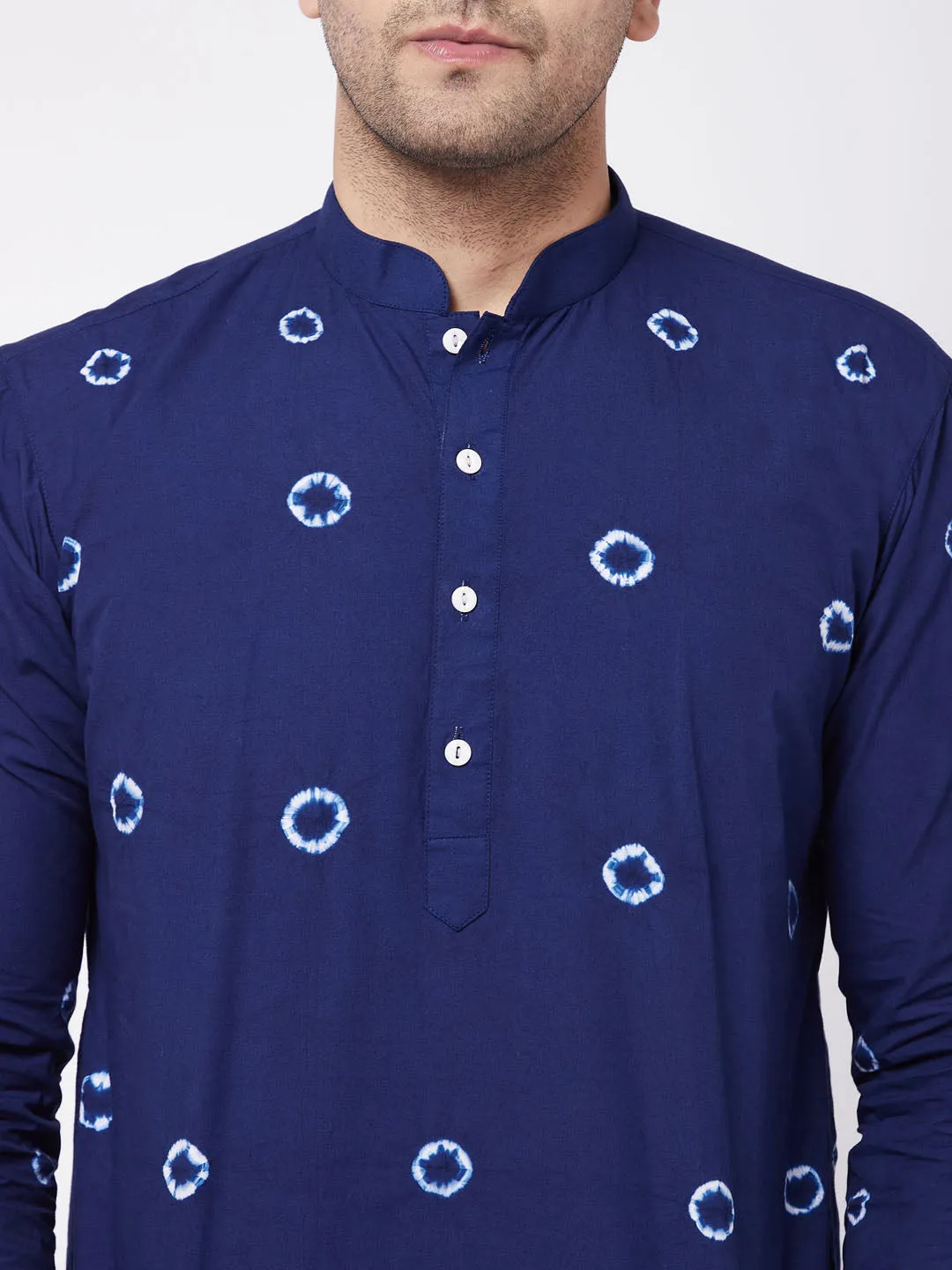 Jashvi Men's Navy Blue Solid Nehru Jacket With Blue Tie Dye Print Kurta And White Cotton Pant Style Pyjama