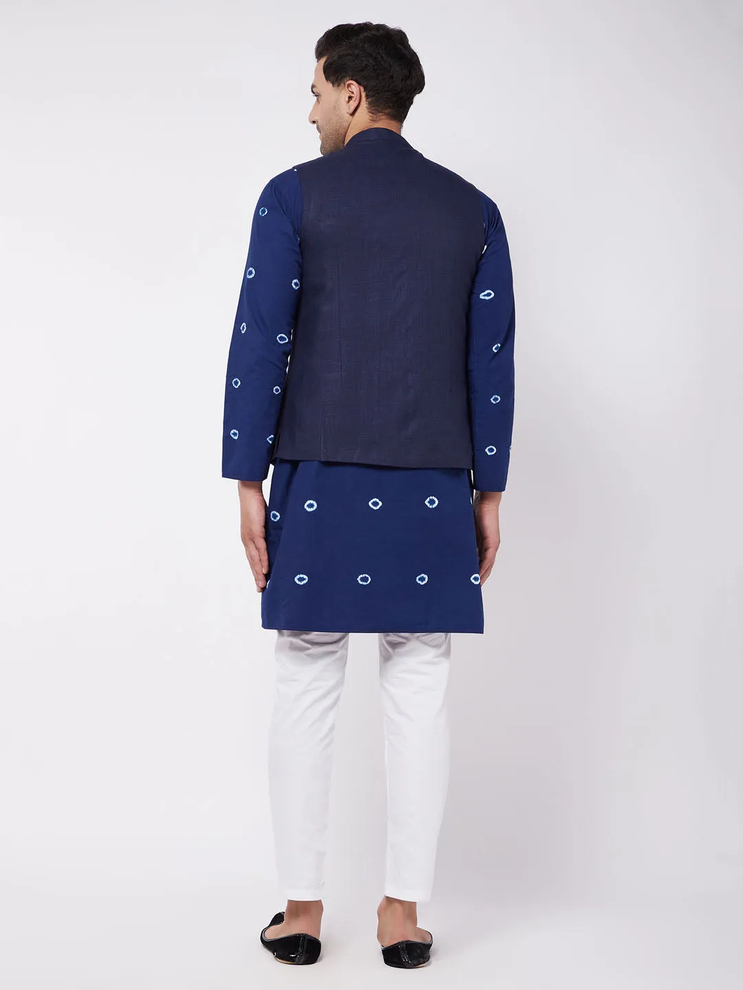 Jashvi Men's Navy Blue Solid Nehru Jacket With Blue Tie Dye Print Kurta And White Cotton Pant Style Pyjama