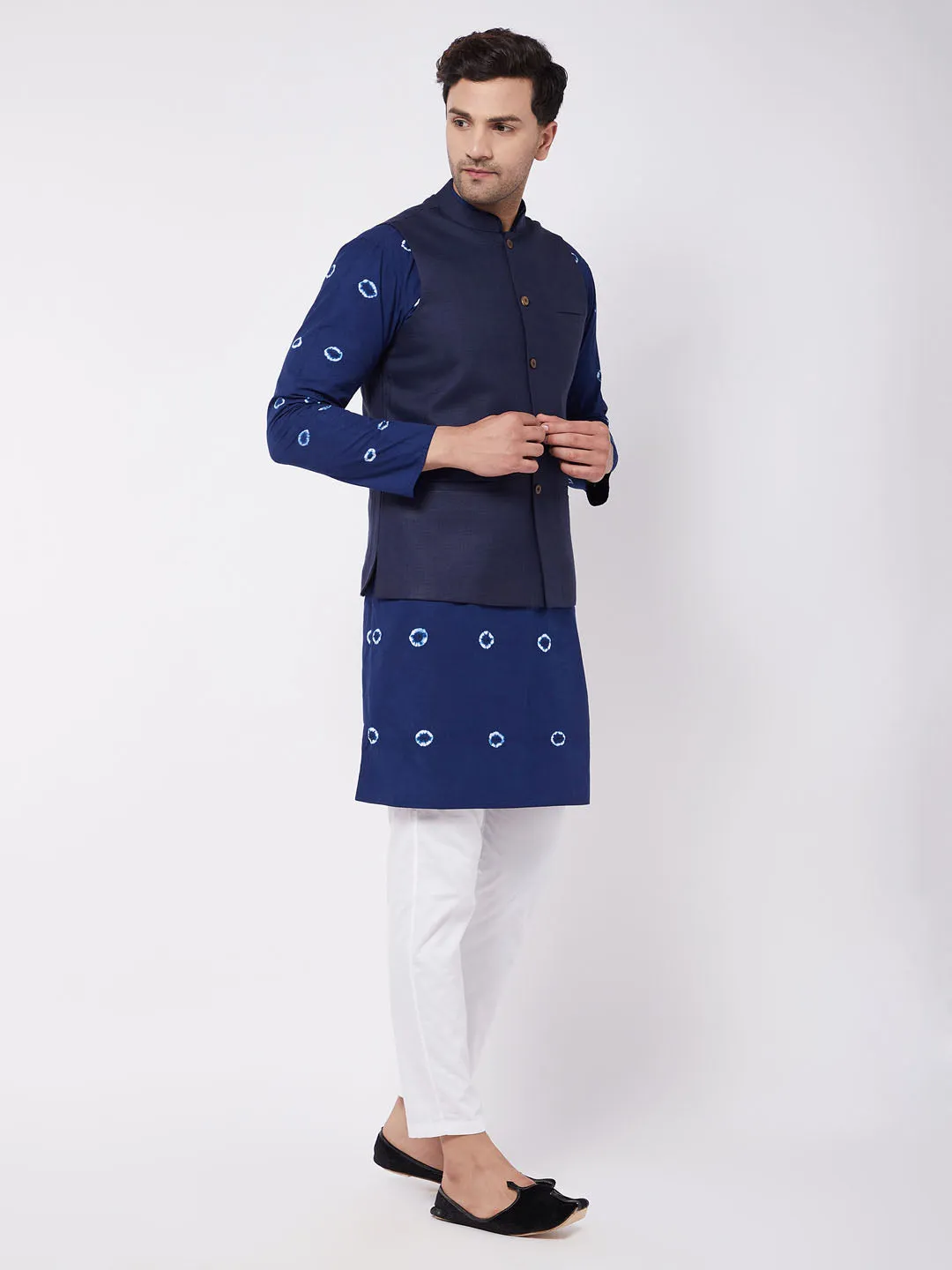 Jashvi Men's Navy Blue Solid Nehru Jacket With Blue Tie Dye Print Kurta And White Cotton Pant Style Pyjama