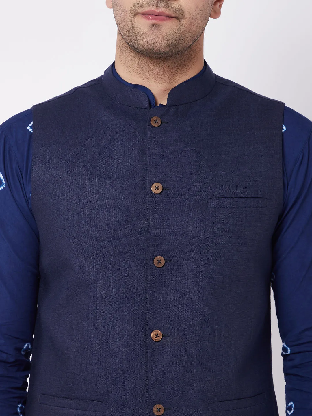 Jashvi Men's Navy Blue Solid Nehru Jacket With Blue Tie Dye Print Kurta And White Cotton Pant Style Pyjama