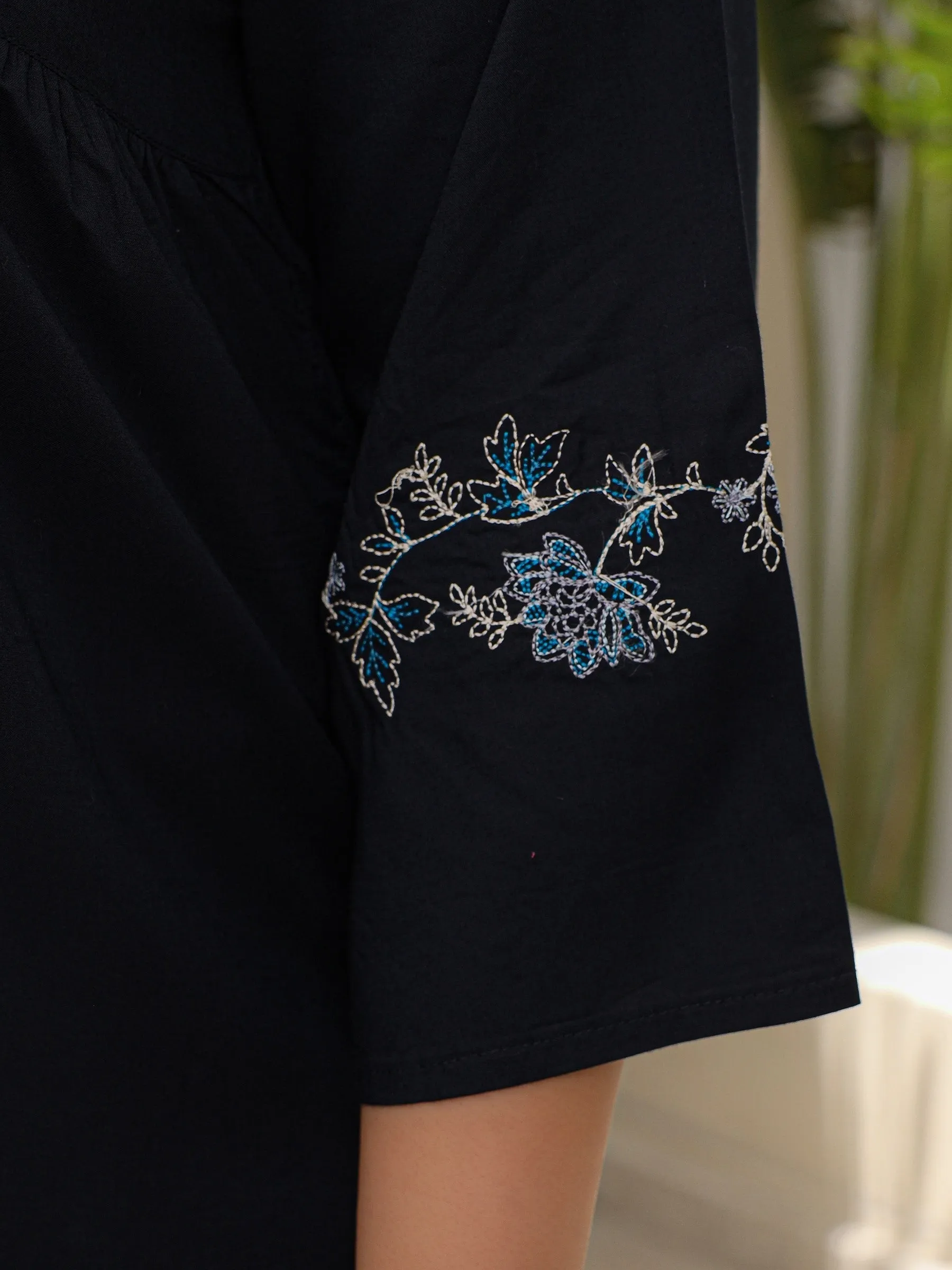 Jashvi Navy Blue Modal Rayon Floral Embroidered Alia Cut Plus Size Tunic