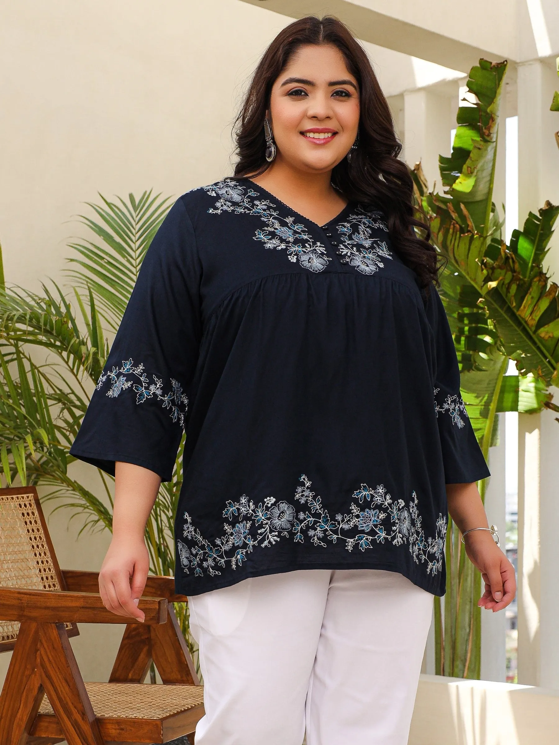 Jashvi Navy Blue Modal Rayon Floral Embroidered Alia Cut Plus Size Tunic