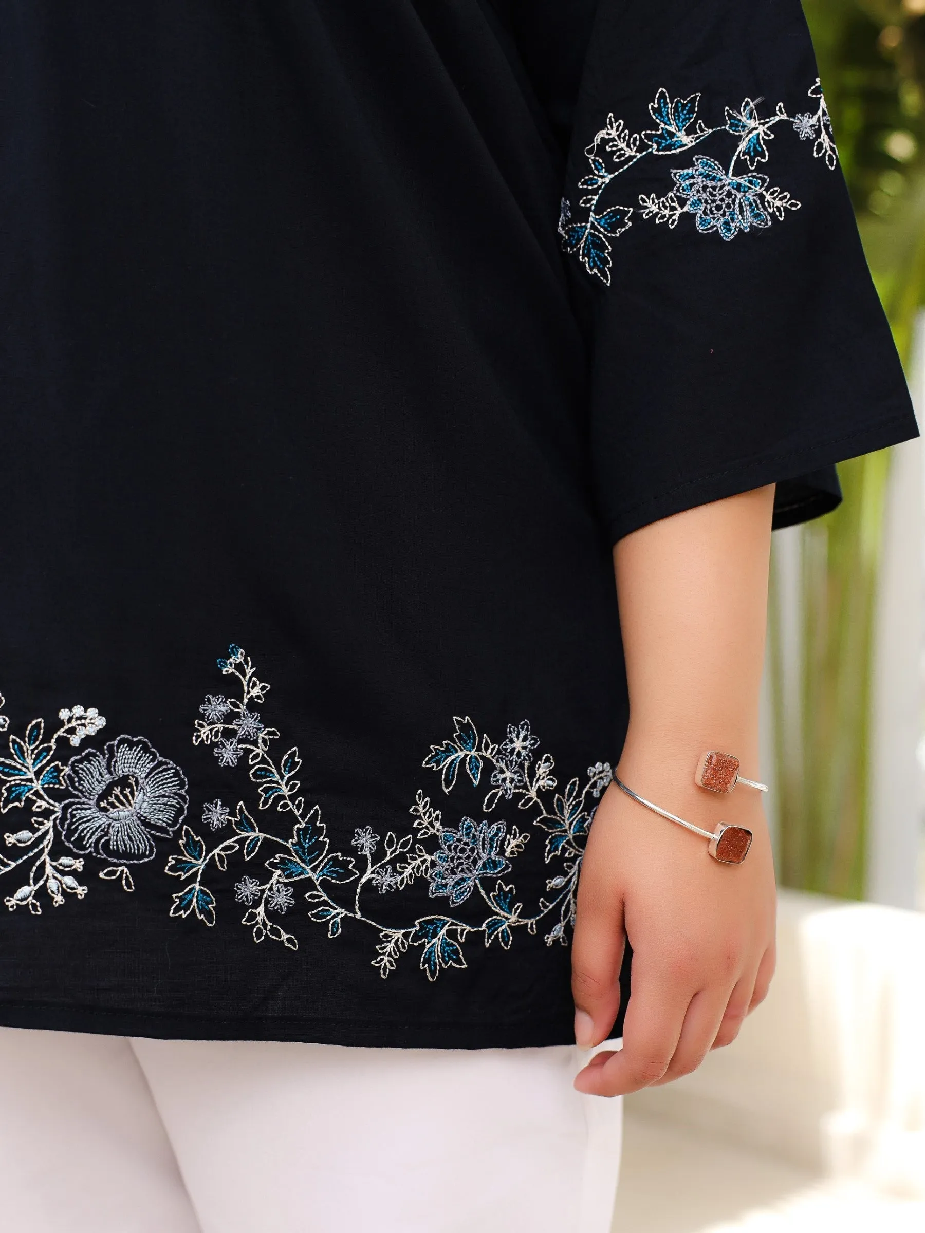 Jashvi Navy Blue Modal Rayon Floral Embroidered Alia Cut Plus Size Tunic