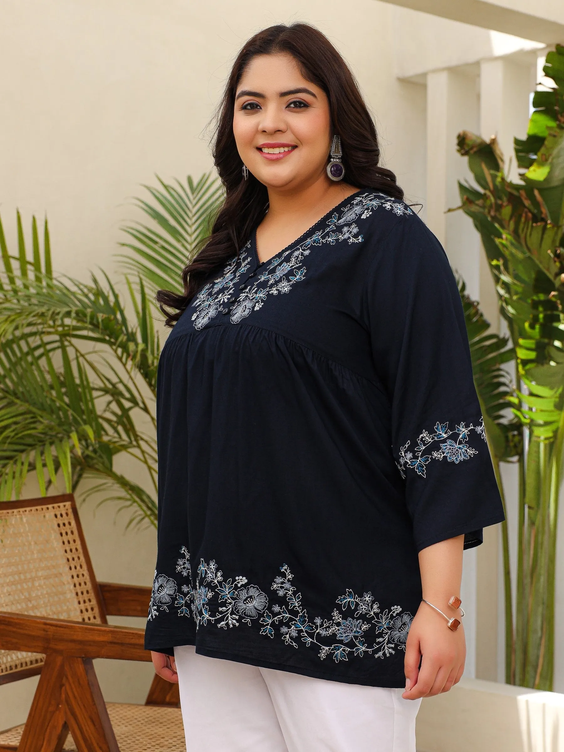 Jashvi Navy Blue Modal Rayon Floral Embroidered Alia Cut Plus Size Tunic
