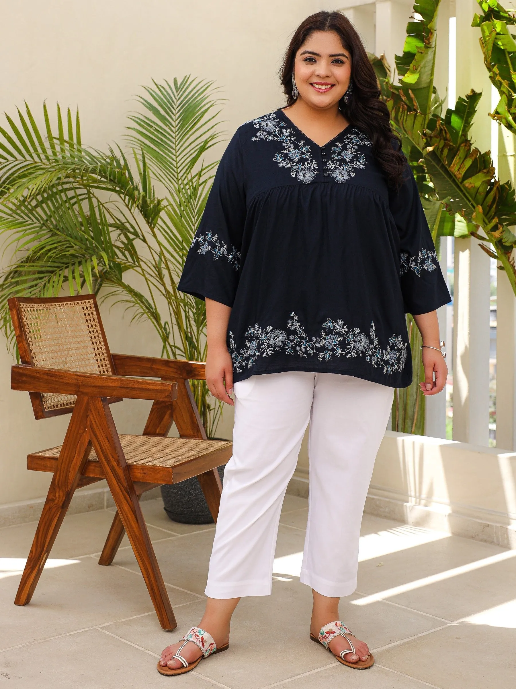 Jashvi Navy Blue Modal Rayon Floral Embroidered Alia Cut Plus Size Tunic