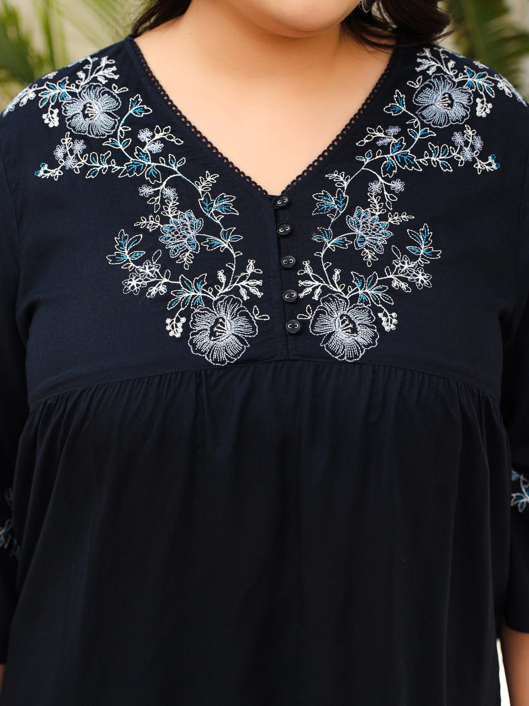 Jashvi Navy Blue Modal Rayon Floral Embroidered Alia Cut Plus Size Tunic
