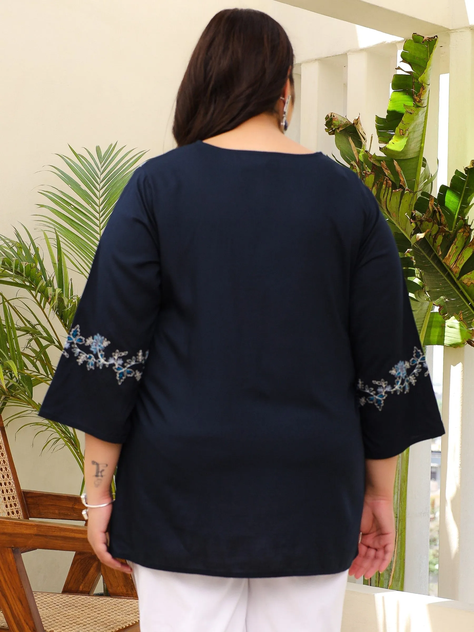 Jashvi Navy Blue Modal Rayon Floral Embroidered Alia Cut Plus Size Tunic