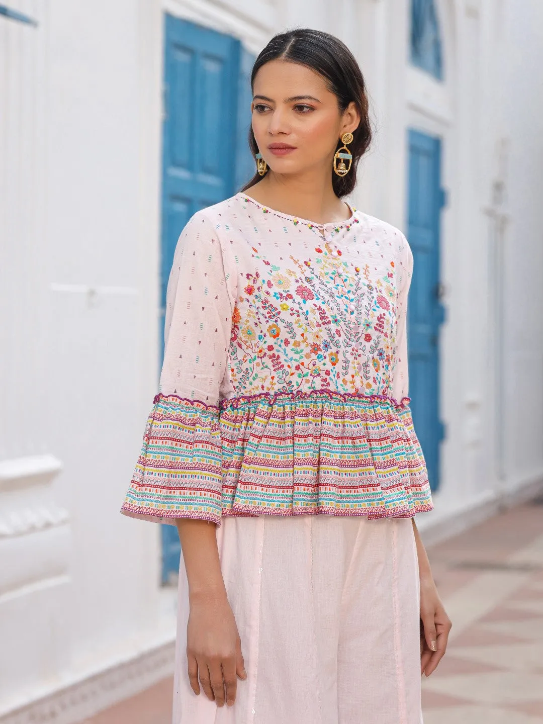 Jashvi Pink Floral Printed Peplum Co-Ord Set With Kantha Work & Beads