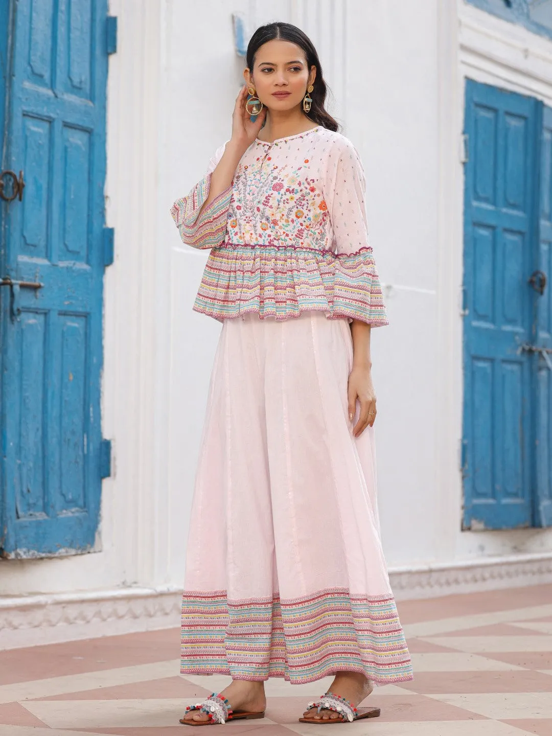 Jashvi Pink Floral Printed Peplum Co-Ord Set With Kantha Work & Beads