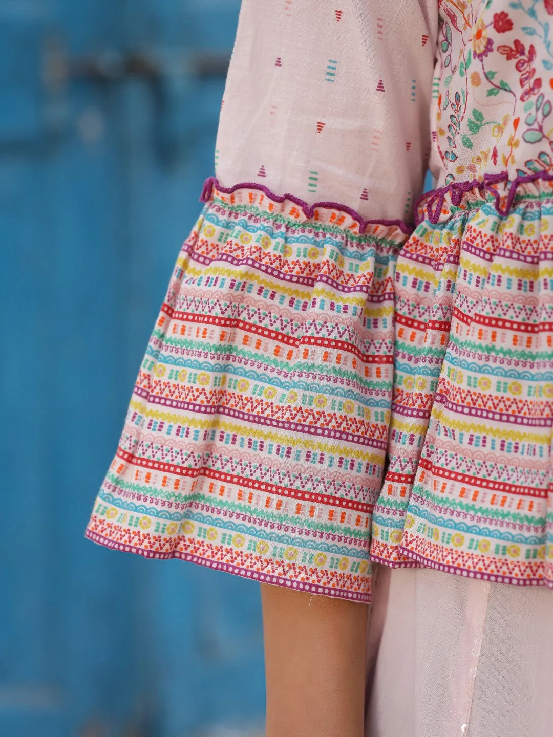 Jashvi Pink Floral Printed Peplum Co-Ord Set With Kantha Work & Beads
