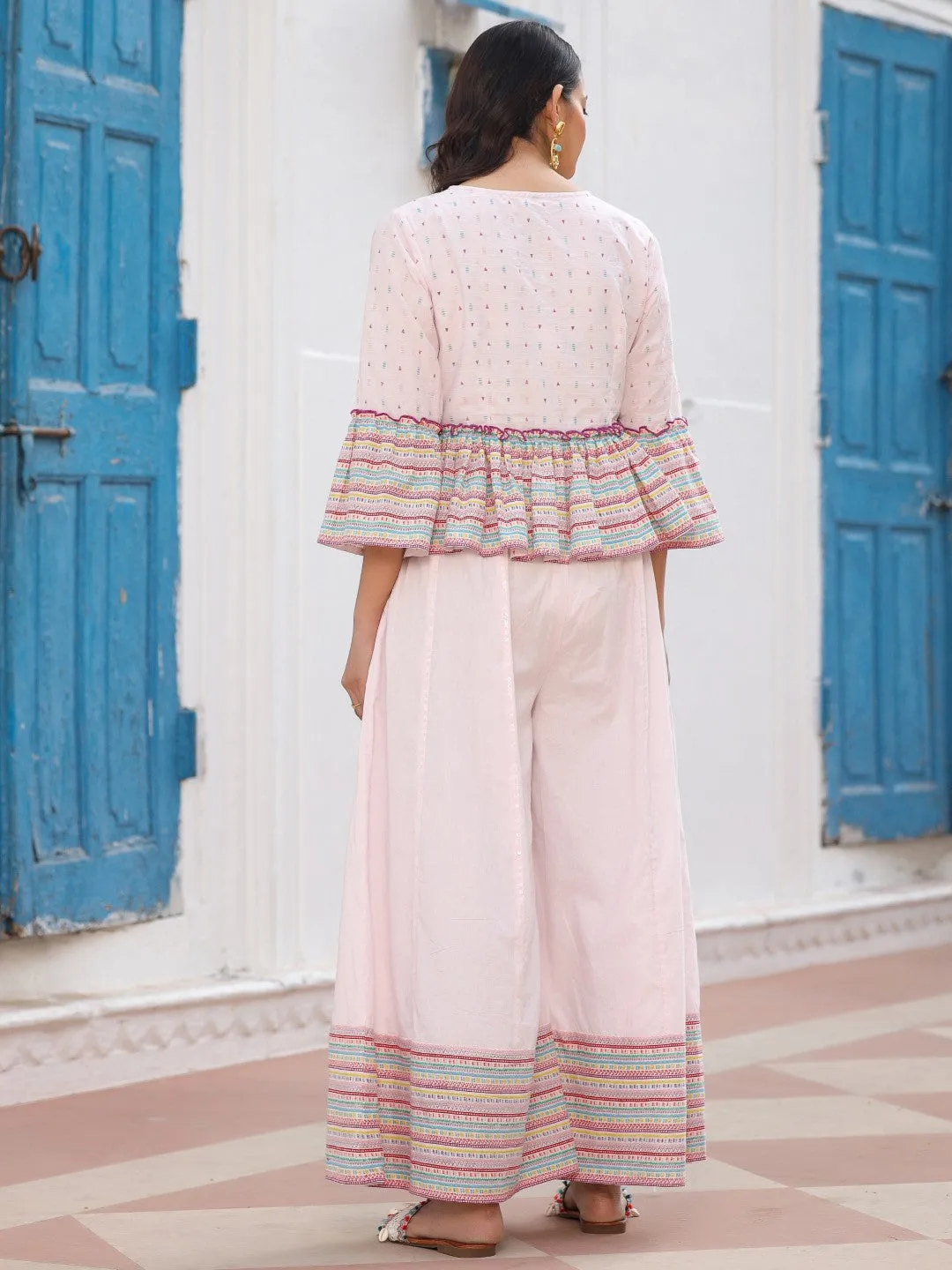 Jashvi Pink Floral Printed Peplum Co-Ord Set With Kantha Work & Beads