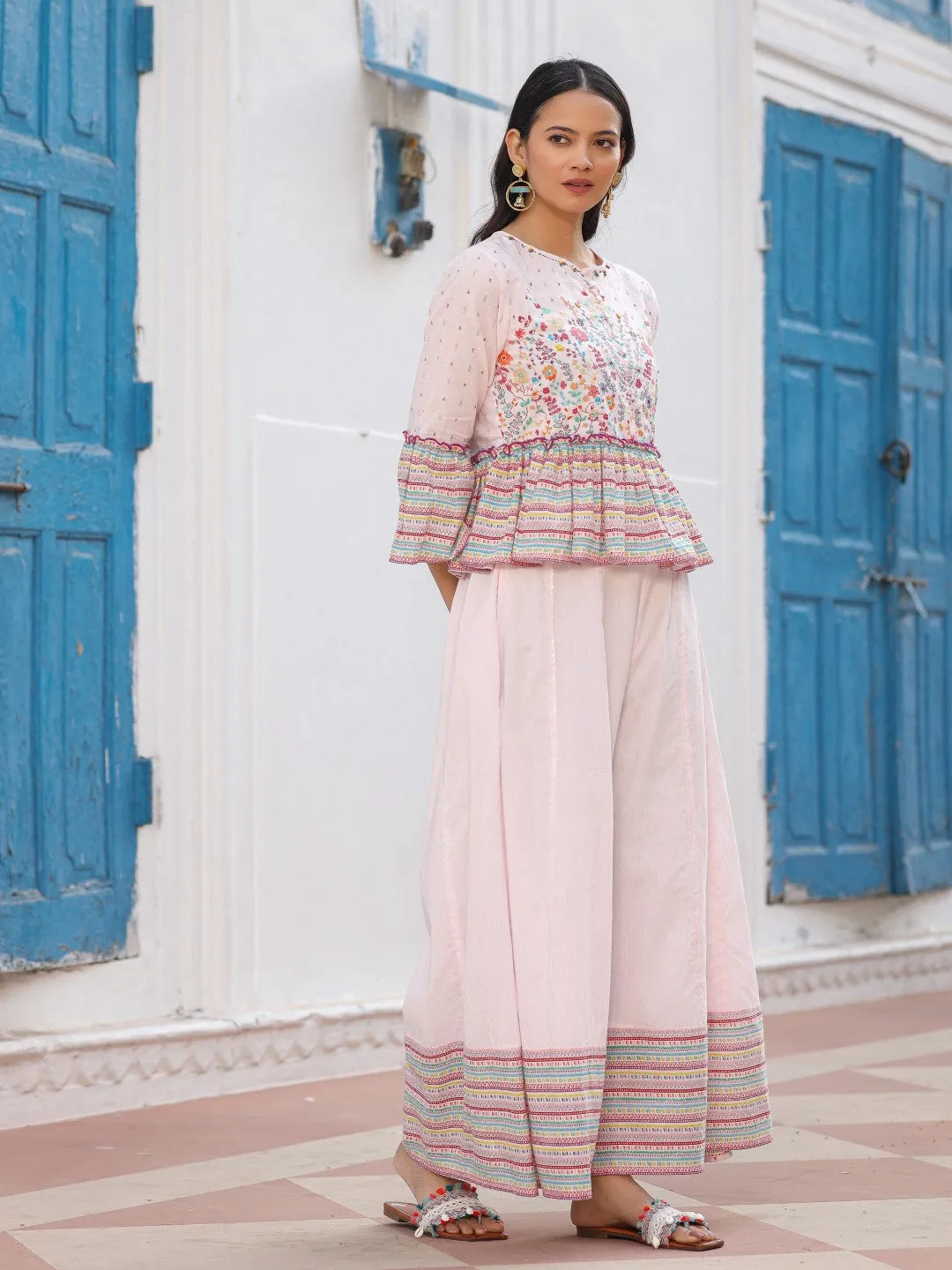 Jashvi Pink Floral Printed Peplum Co-Ord Set With Kantha Work & Beads