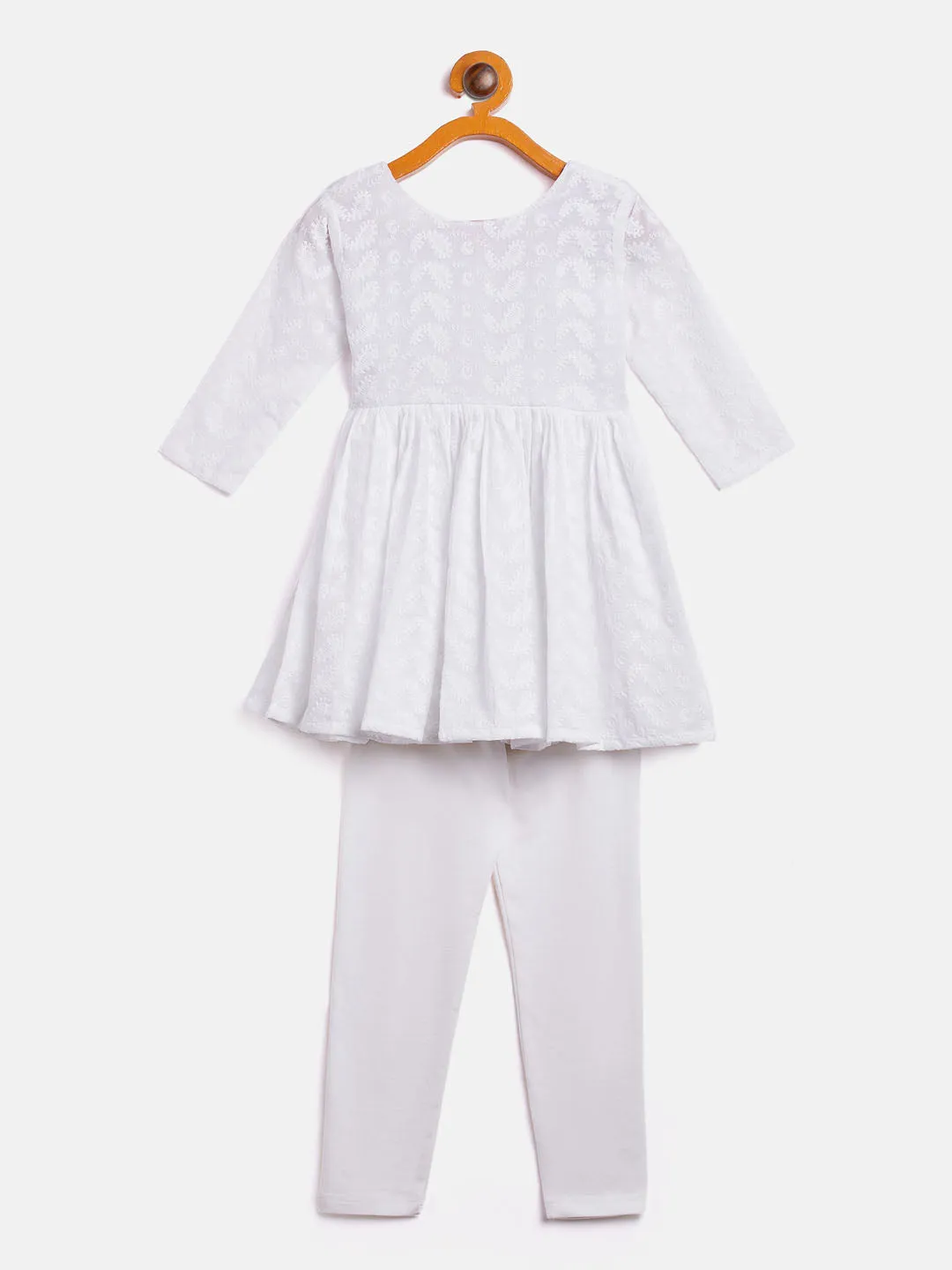 Jashvi SISHU Girl's White Chikankari Kurta Leggings Set