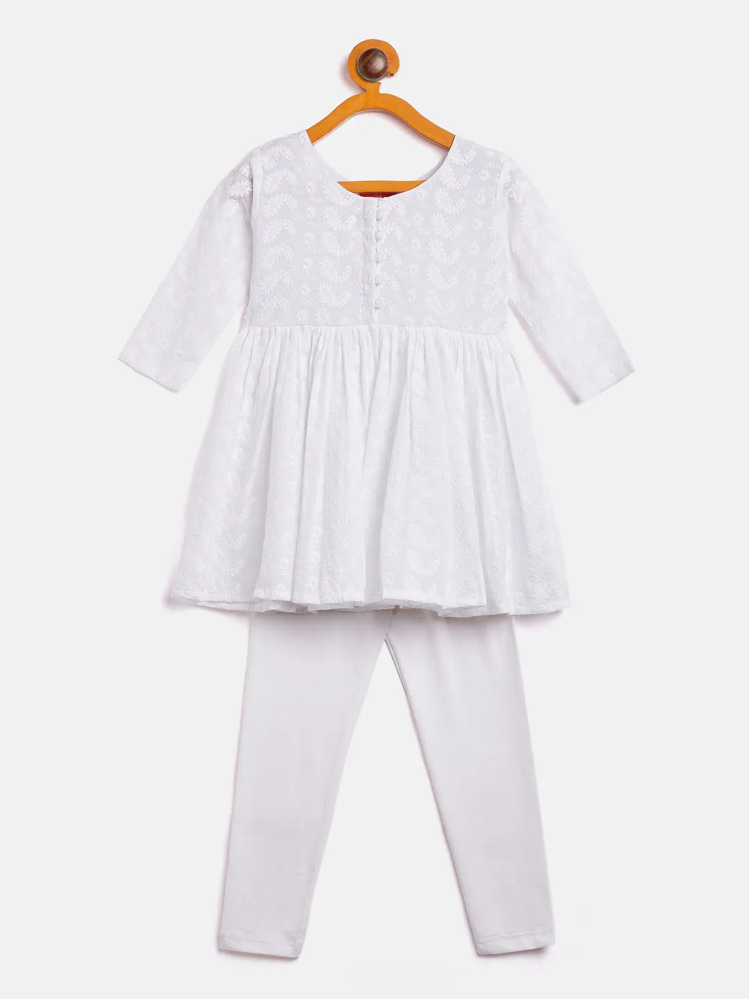 Jashvi SISHU Girl's White Chikankari Kurta Leggings Set