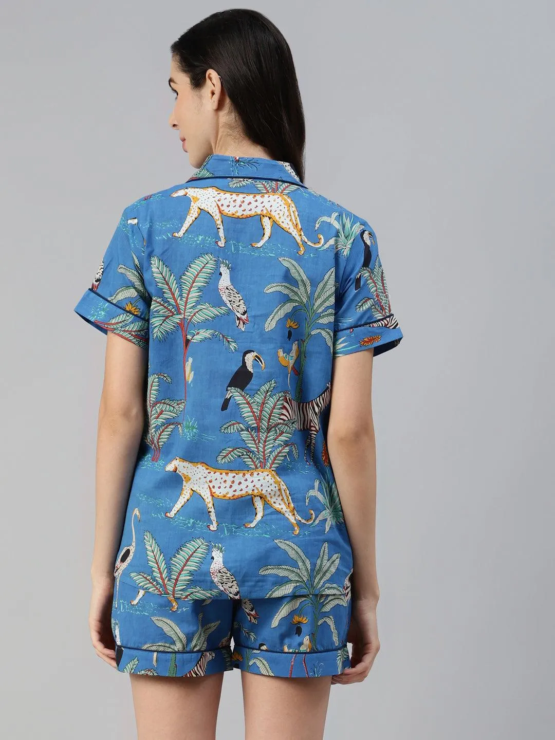 Jashvi Teal blue Cotton Quirky Print Night suit