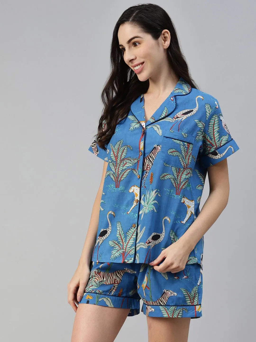 Jashvi Teal blue Cotton Quirky Print Night suit