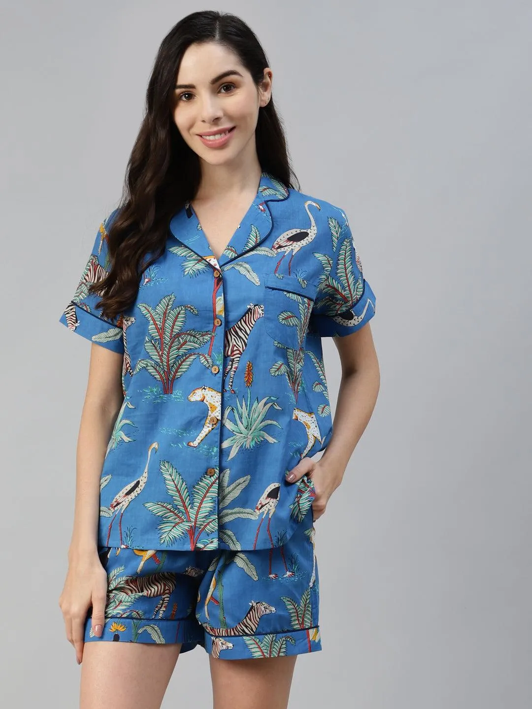 Jashvi Teal blue Cotton Quirky Print Night suit