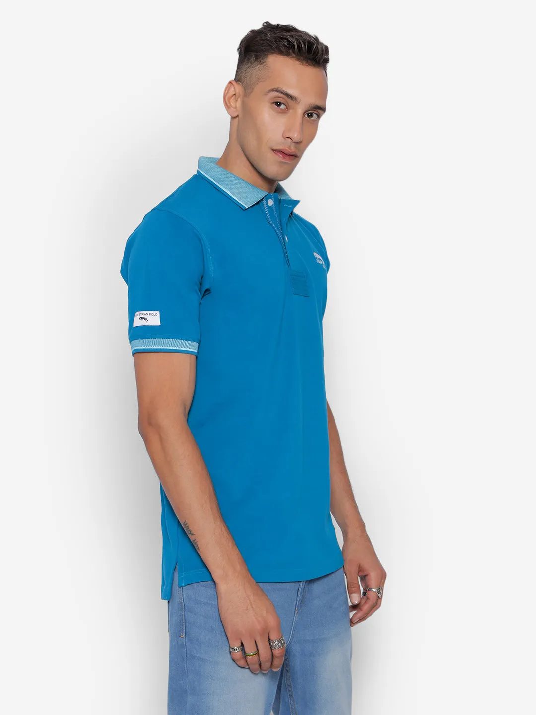 JUMP USA Men Ocean Blue Solid Polo Collar Pure Cotton T-shirt