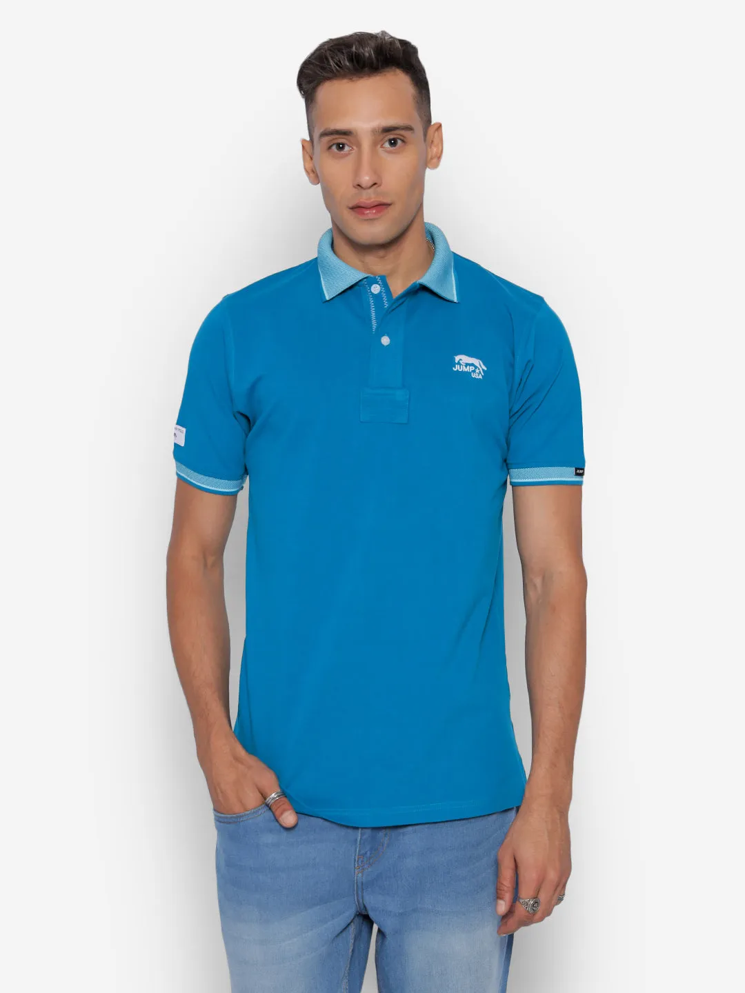 JUMP USA Men Ocean Blue Solid Polo Collar Pure Cotton T-shirt