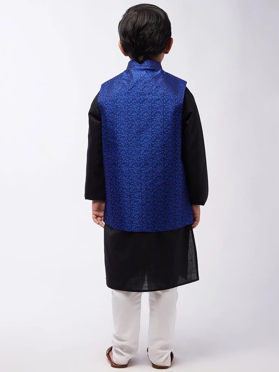 Kid's Cotton Silk Black Kurta & RBlue Nehrujacket With White Churidar Pyjama Set  - Sojanya KID