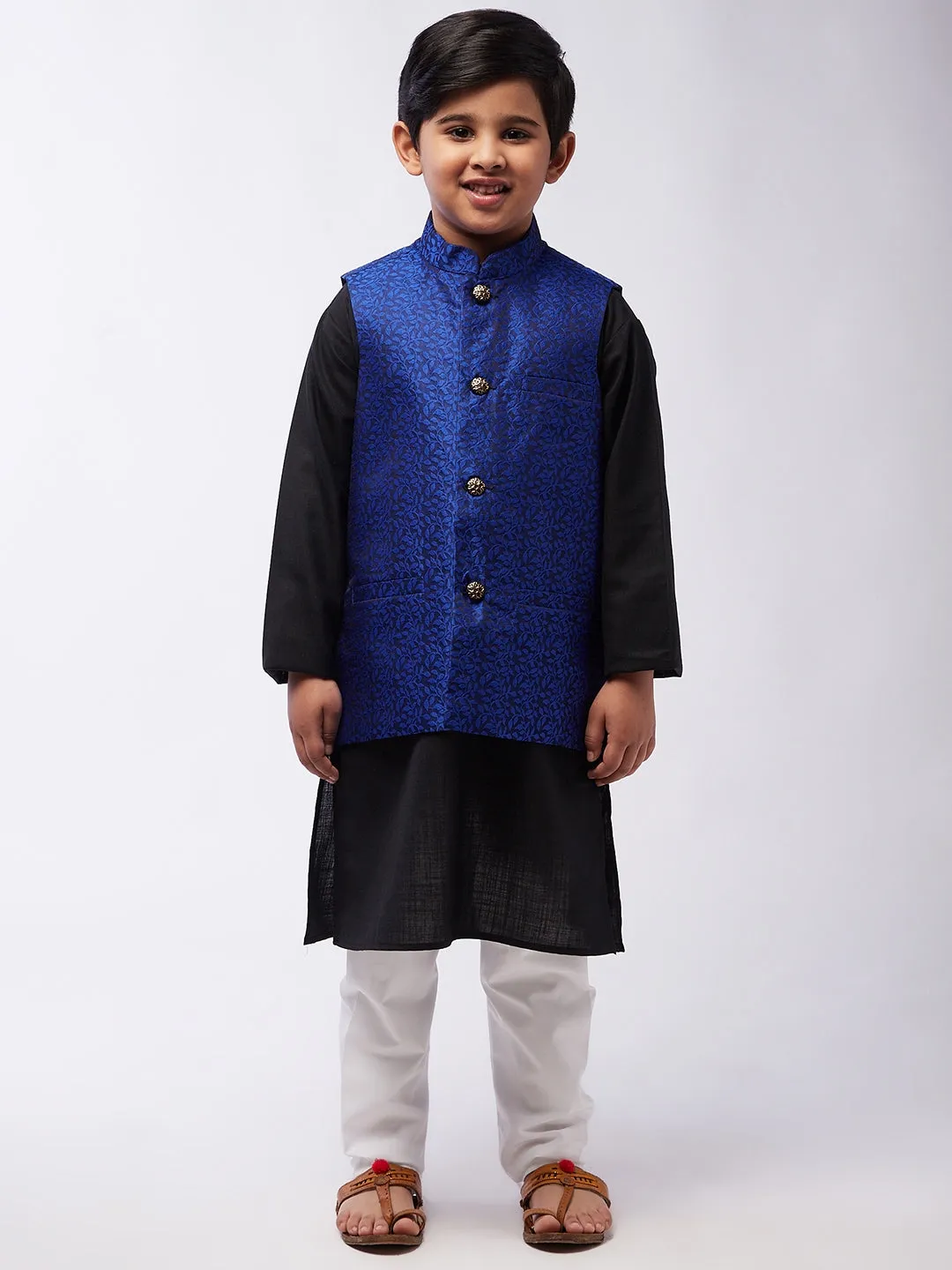 Kid's Cotton Silk Black Kurta & RBlue Nehrujacket With White Churidar Pyjama Set  - Sojanya KID