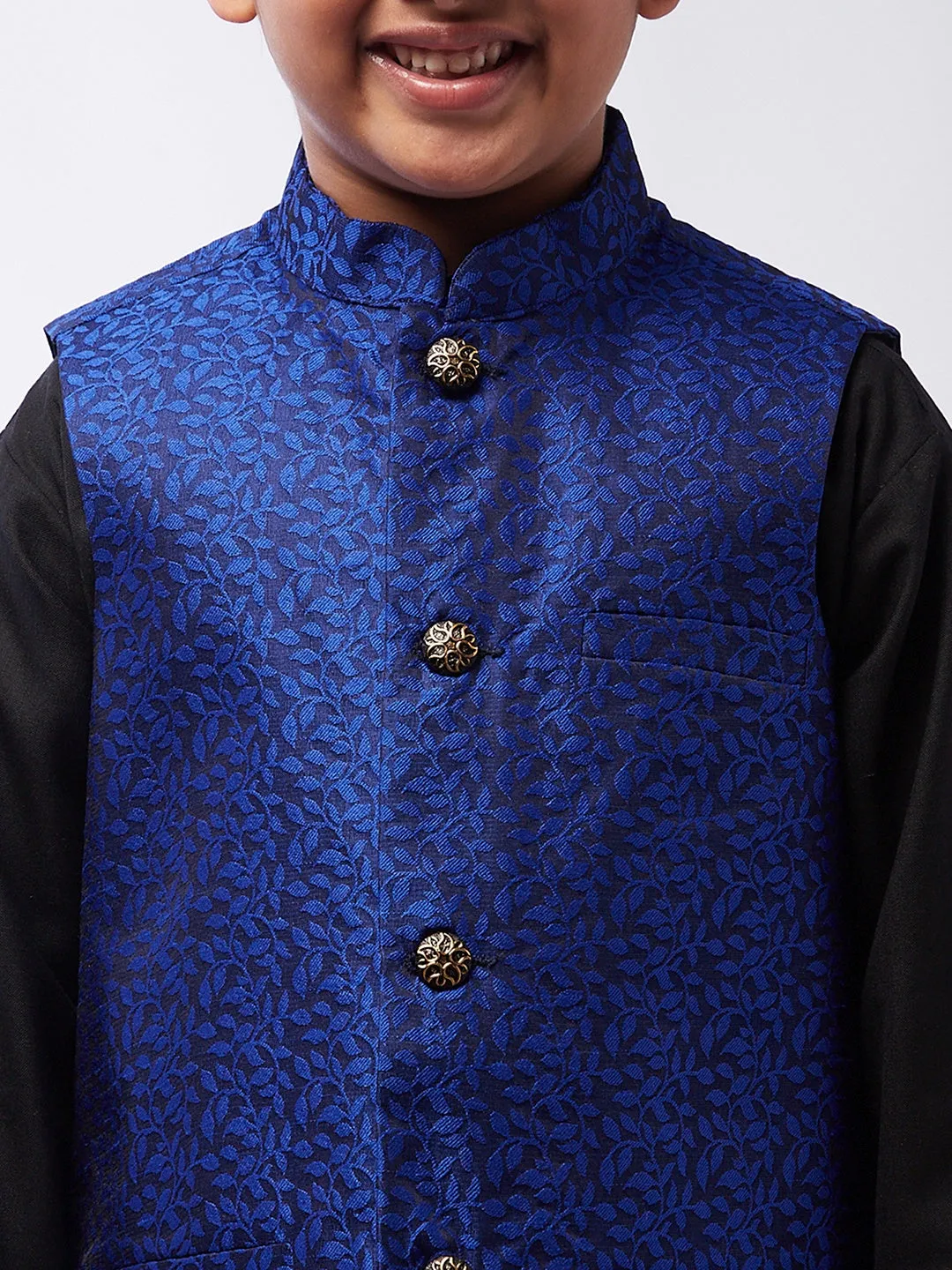 Kid's Cotton Silk Black Kurta & RBlue Nehrujacket With White Churidar Pyjama Set  - Sojanya KID