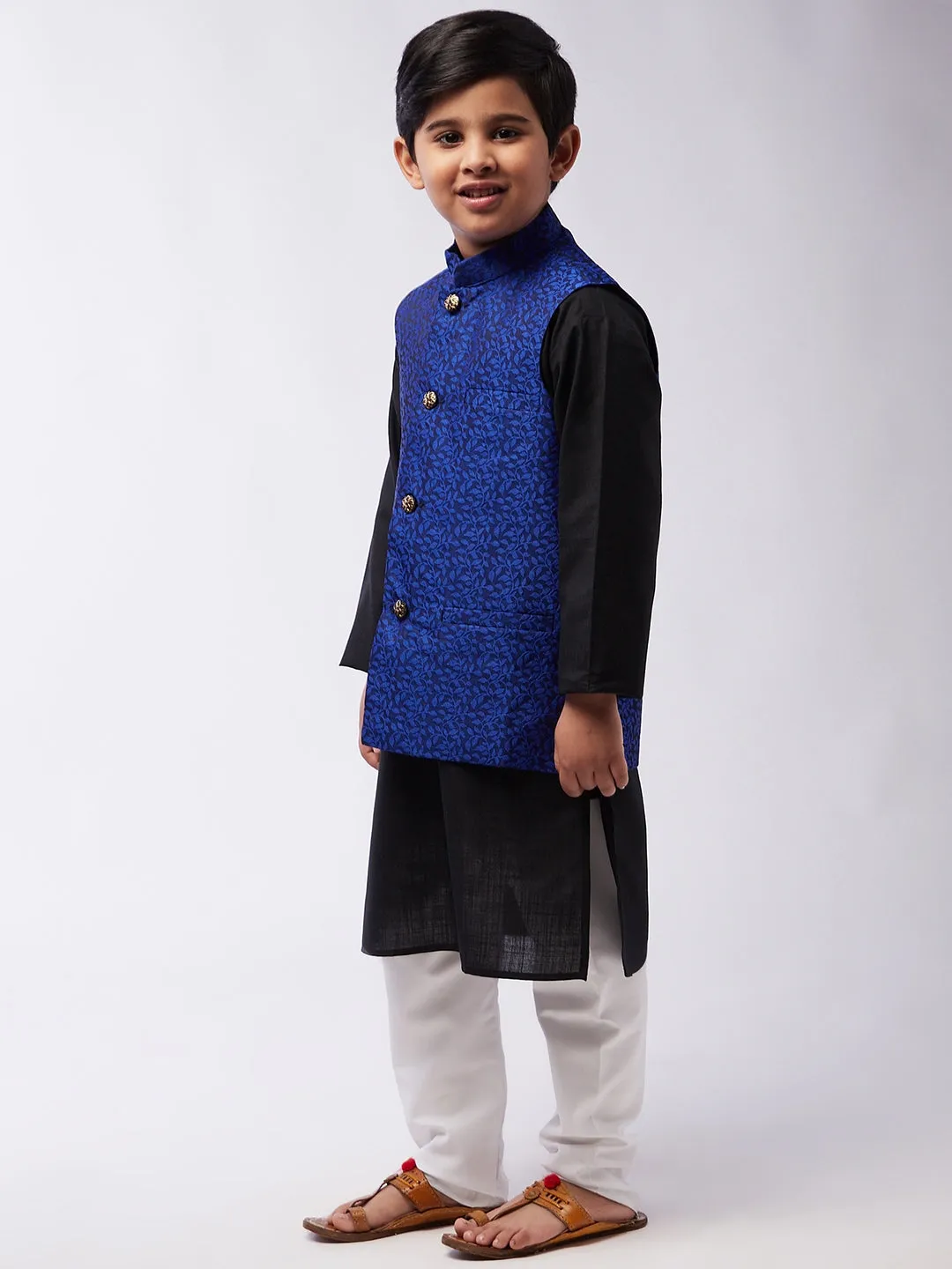 Kid's Cotton Silk Black Kurta & RBlue Nehrujacket With White Churidar Pyjama Set  - Sojanya KID