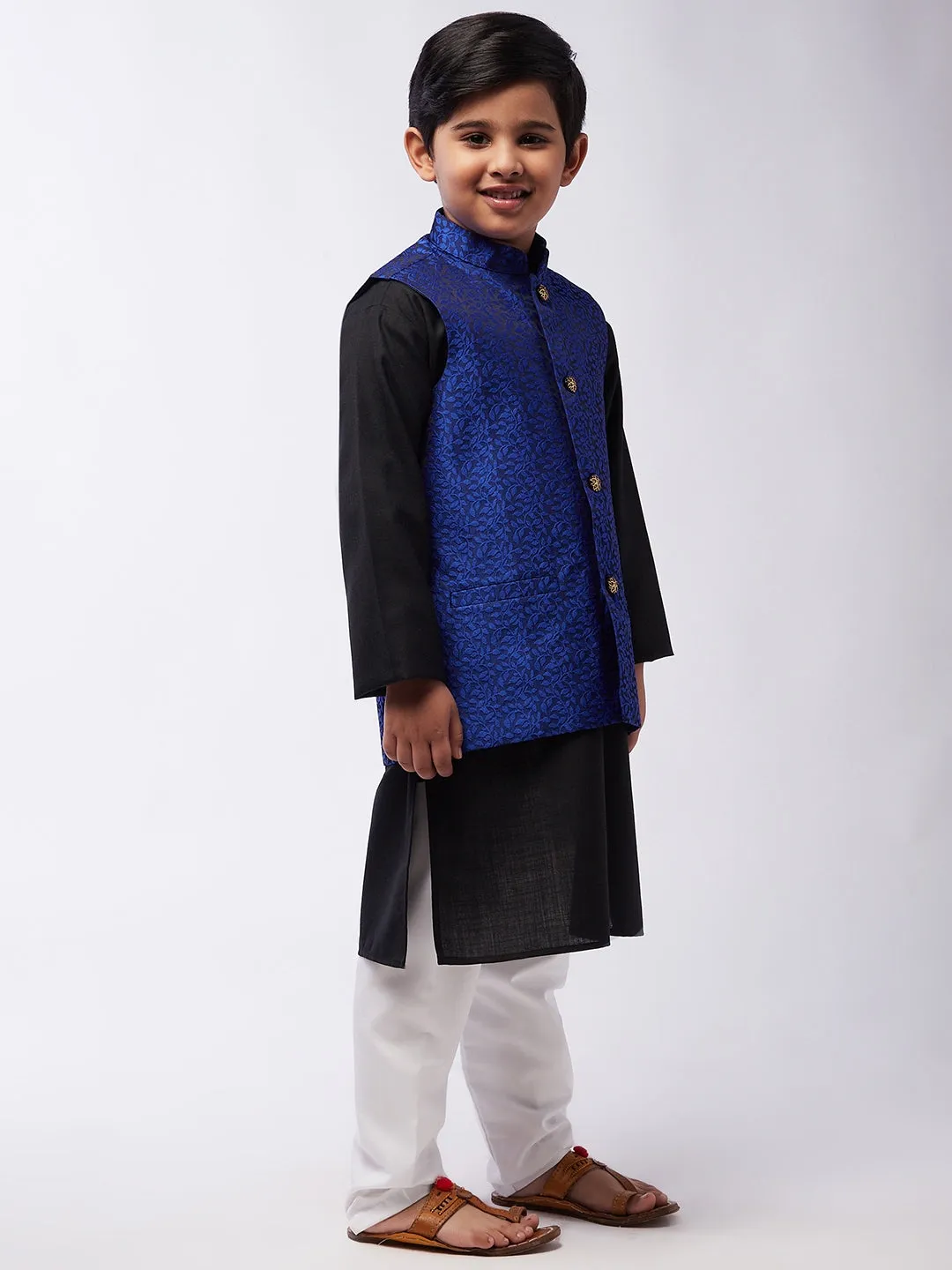 Kid's Cotton Silk Black Kurta & RBlue Nehrujacket With White Churidar Pyjama Set  - Sojanya KID