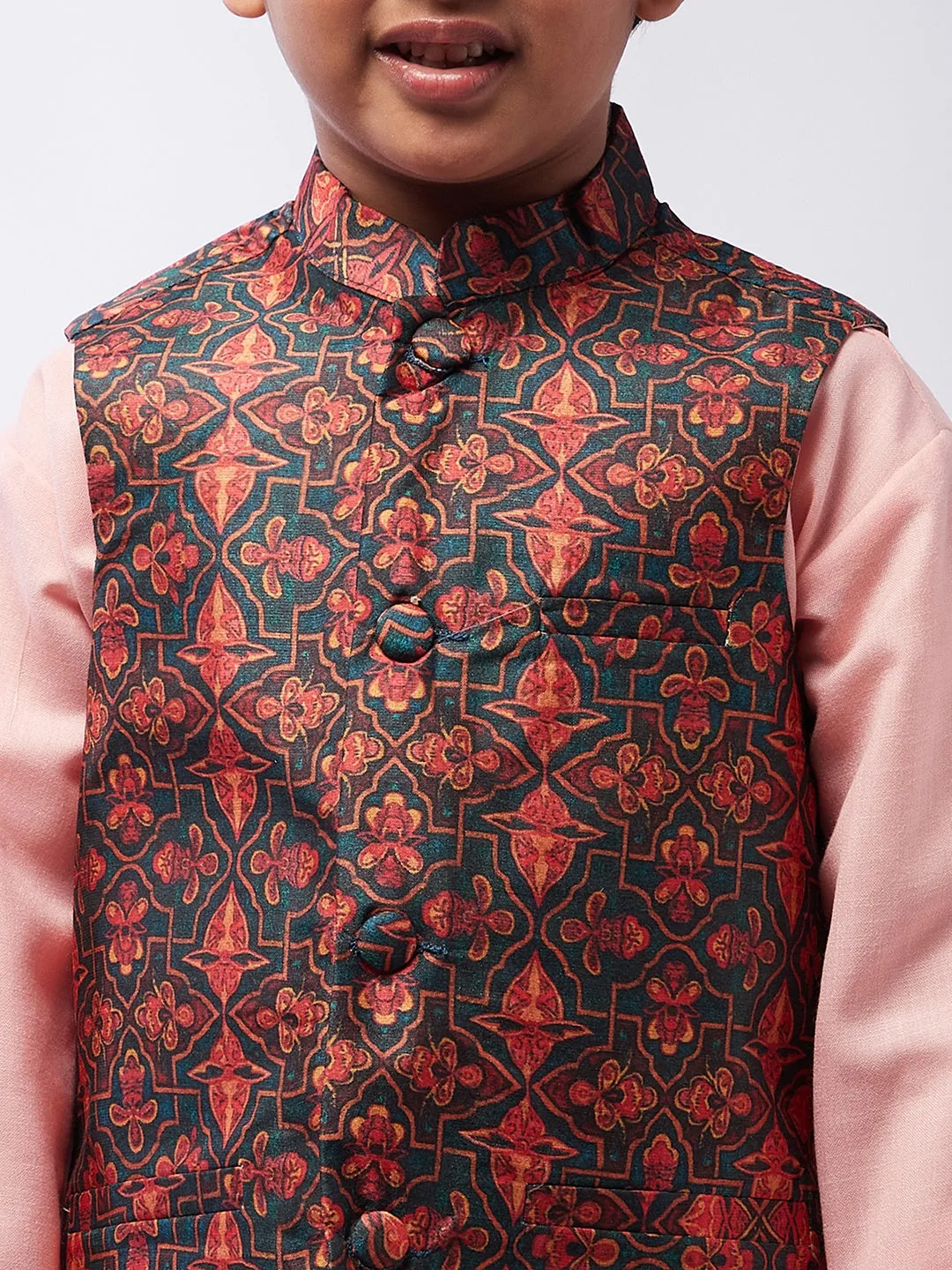 Kid's Cotton Silk Pink Kurta & Multi Nehru Jacket With White Churidar Pyjama Set  - Sojanya KID