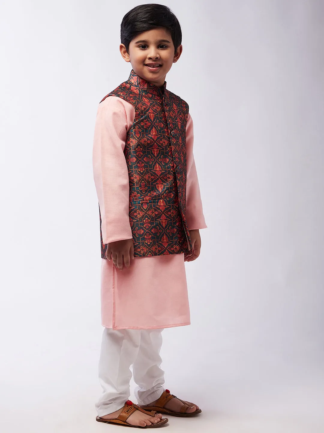 Kid's Cotton Silk Pink Kurta & Multi Nehru Jacket With White Churidar Pyjama Set  - Sojanya KID