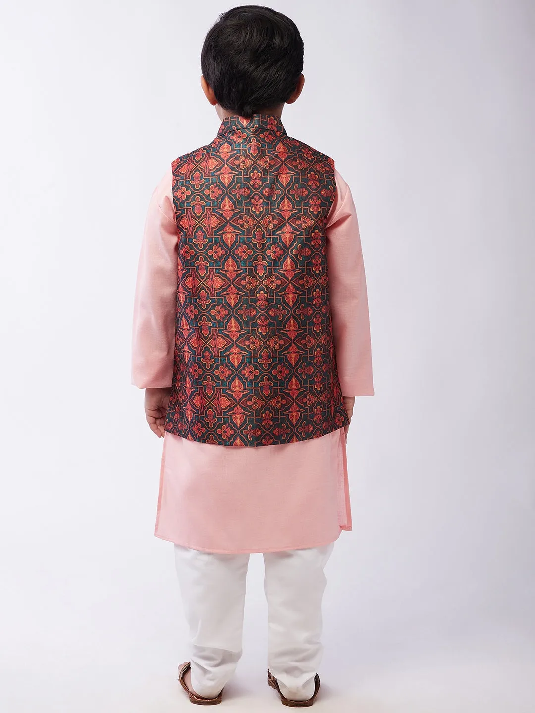 Kid's Cotton Silk Pink Kurta & Multi Nehru Jacket With White Churidar Pyjama Set  - Sojanya KID