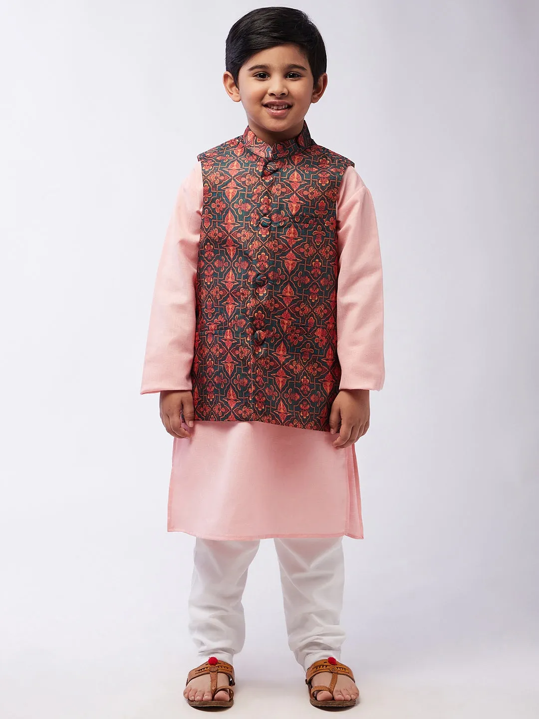 Kid's Cotton Silk Pink Kurta & Multi Nehru Jacket With White Churidar Pyjama Set  - Sojanya KID