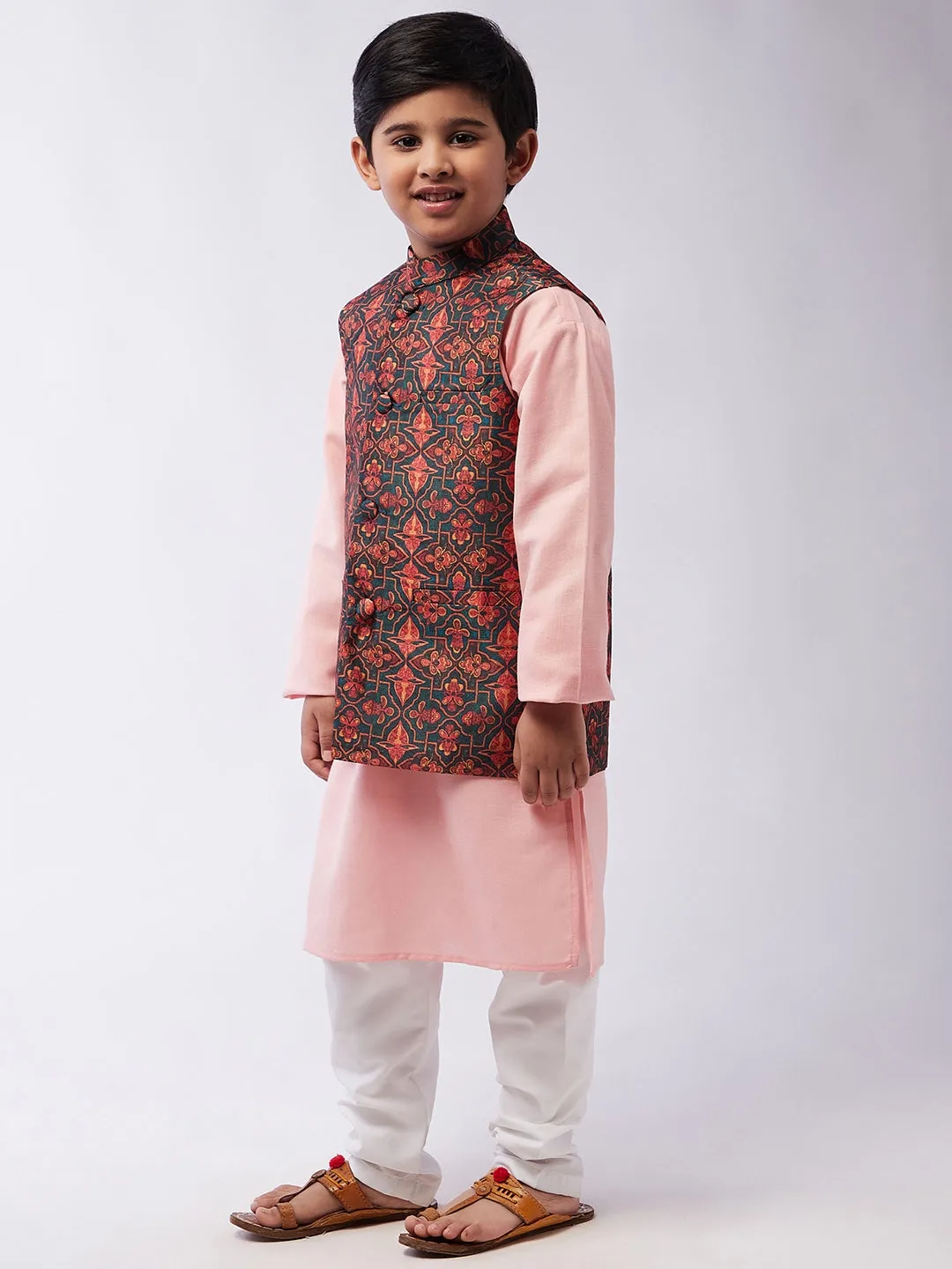 Kid's Cotton Silk Pink Kurta & Multi Nehru Jacket With White Churidar Pyjama Set  - Sojanya KID