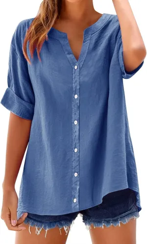 Linen Shirts for Women 2025 Summer Tops Casual Ruffle Short Sleeve V Neck Button Down Loose Fit Tops Shirt