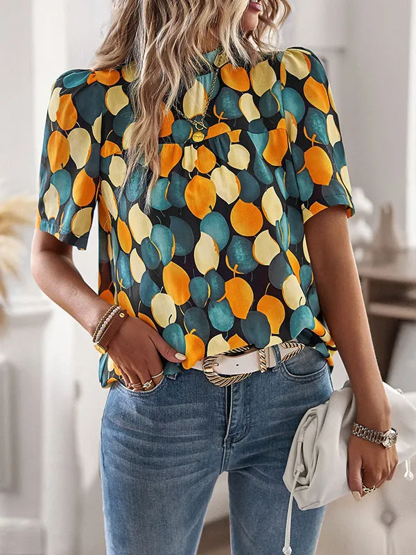 Loose Short Sleeves Leaves Print Split-Joint Mock Neck T-Shirts Tops