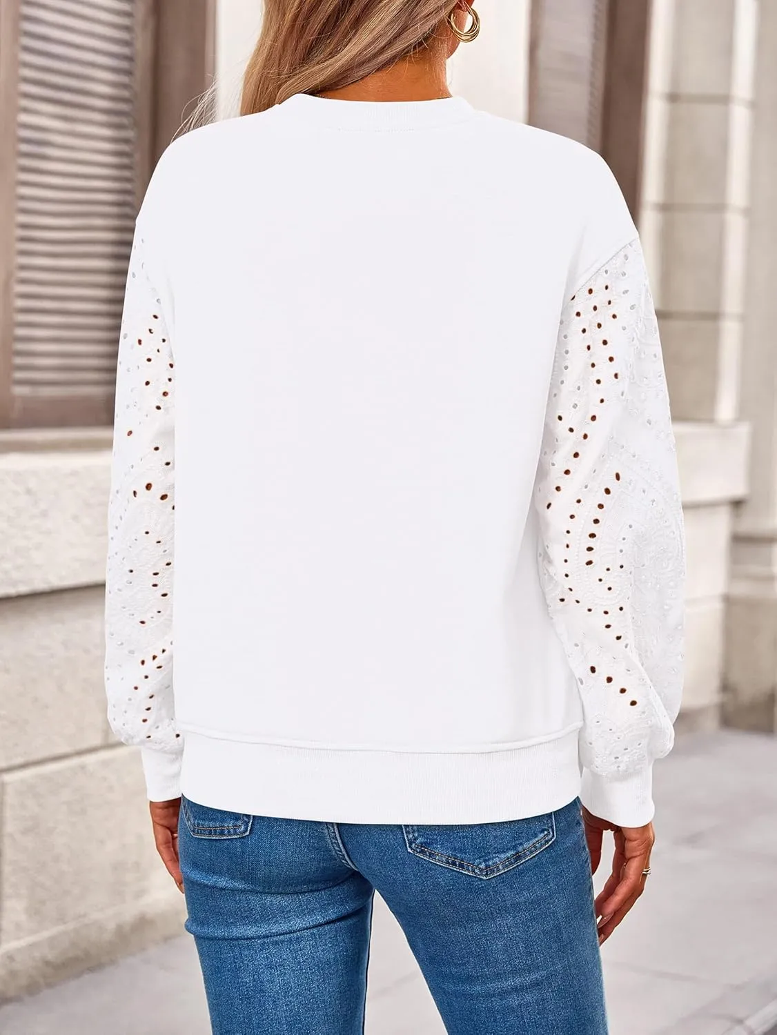 MASCOMODA Fall Fashion 2024 Blouses for Women Dressy Casual Lace Long Sleeve Tops Crewneck Eyelet Knit T Shirts Sweatshirt