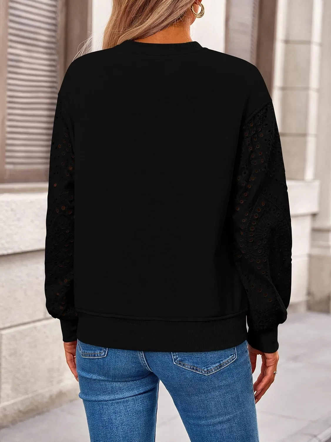 MASCOMODA Fall Fashion 2024 Blouses for Women Dressy Casual Lace Long Sleeve Tops Crewneck Eyelet Knit T Shirts Sweatshirt