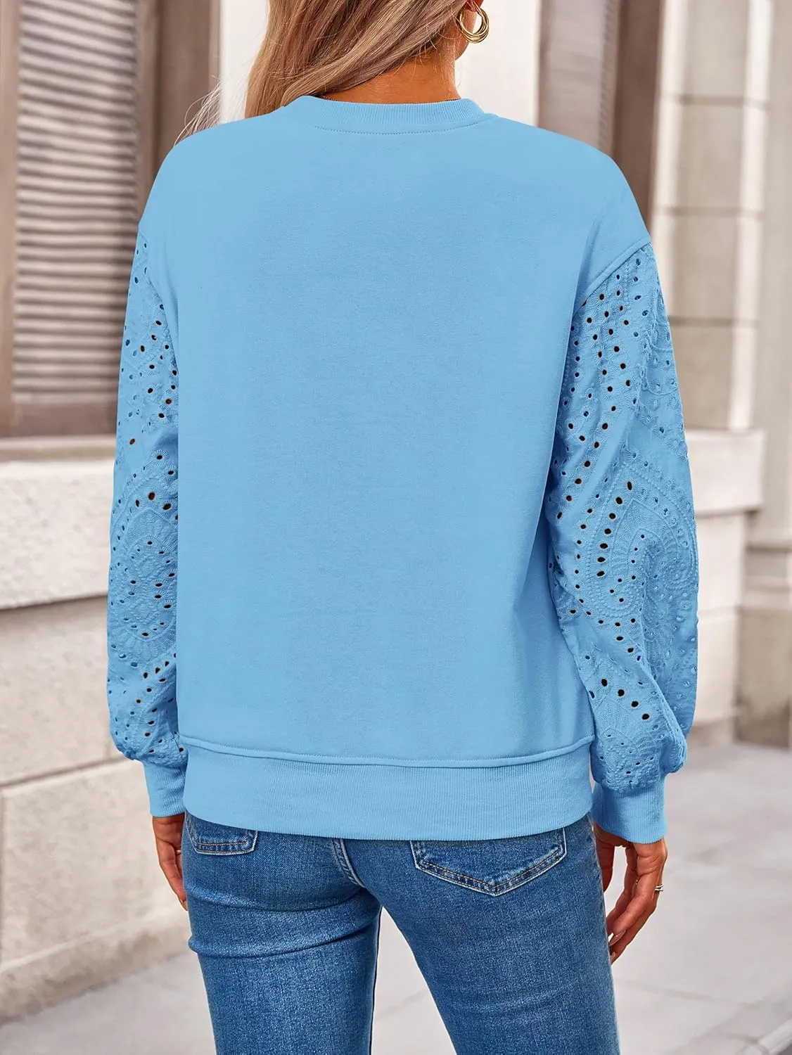 MASCOMODA Fall Fashion 2024 Blouses for Women Dressy Casual Lace Long Sleeve Tops Crewneck Eyelet Knit T Shirts Sweatshirt