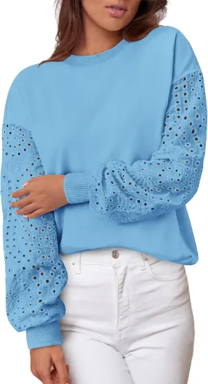 MASCOMODA Fall Fashion 2024 Blouses for Women Dressy Casual Lace Long Sleeve Tops Crewneck Eyelet Knit T Shirts Sweatshirt