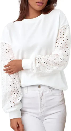 MASCOMODA Fall Fashion 2024 Blouses for Women Dressy Casual Lace Long Sleeve Tops Crewneck Eyelet Knit T Shirts Sweatshirt