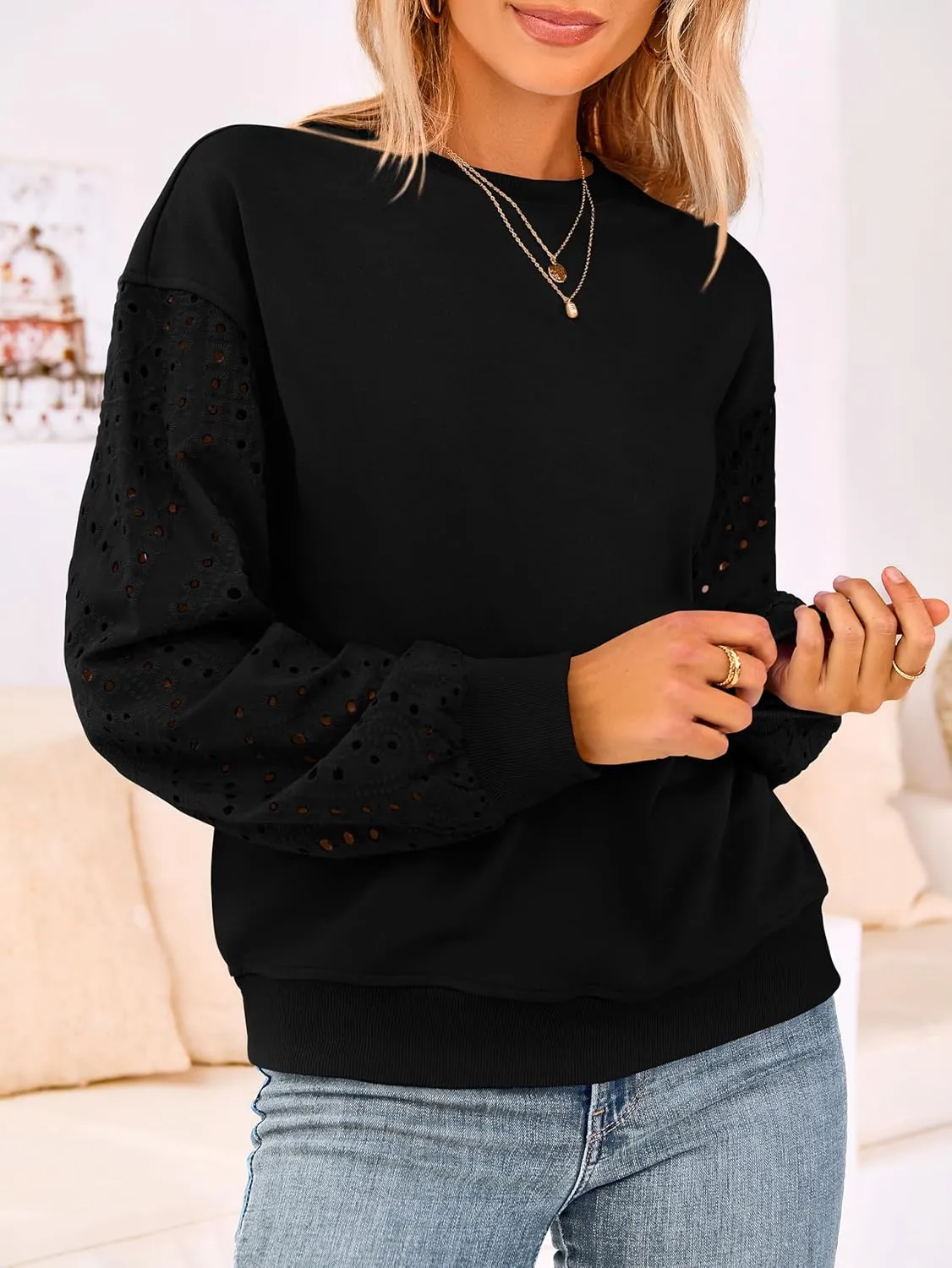 MASCOMODA Fall Fashion 2024 Blouses for Women Dressy Casual Lace Long Sleeve Tops Crewneck Eyelet Knit T Shirts Sweatshirt