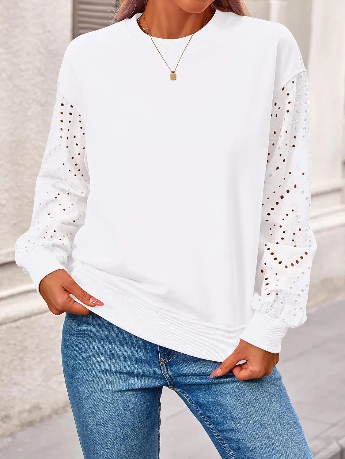 MASCOMODA Fall Fashion 2024 Blouses for Women Dressy Casual Lace Long Sleeve Tops Crewneck Eyelet Knit T Shirts Sweatshirt